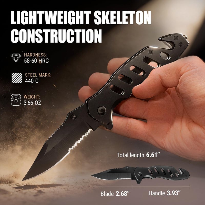 GOOD WORKER Tactical Legal Knife for Men Women - 2.68 inch Serrated Blade - Small Black Pocket Knives with Glass Breaker Seatbelt Cutter - Cool Folding Tool for Camping Work EDC - Mens Birthday Gift Ideas 6655 B - Image 4